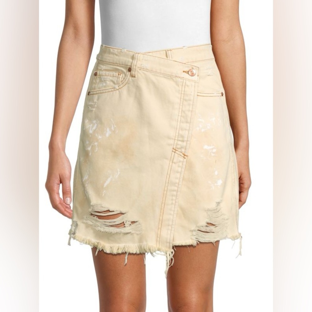 We The Free Faux Wrap Distressed Denim Mini Skirt Size 24